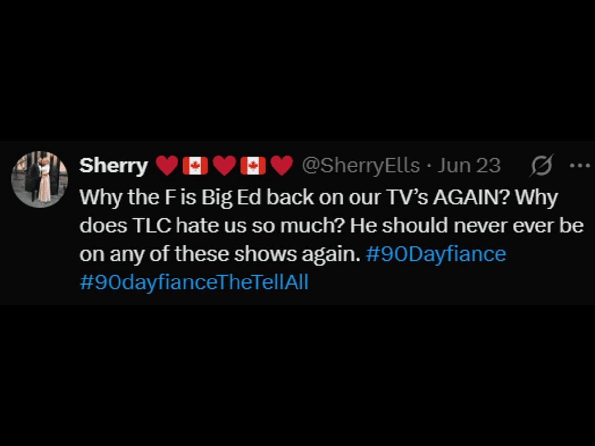 A 90 Day Fiance fan reacts to Big Ed's appearance (Image via X/@SherryElls)
